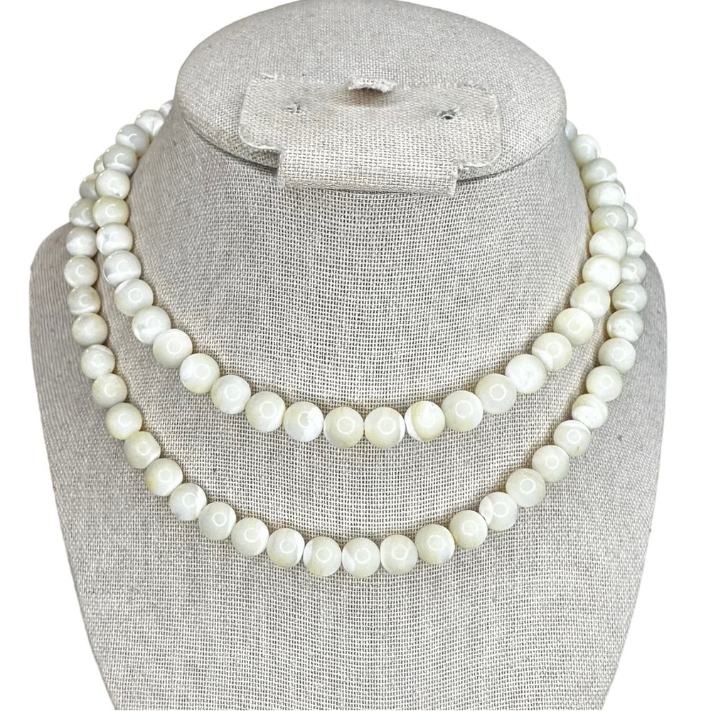 Antique Balamut Mother of Pearl Bead Long Necklace Sterling Silver Clasp